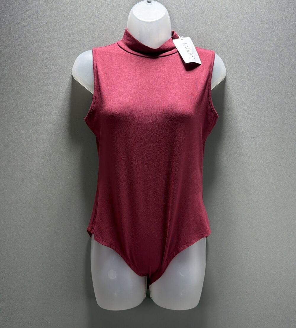 LAOLASI Mock Neck Bodysuit Womens L Fuchsia Sleeveless Snap Closure Stretch NWT